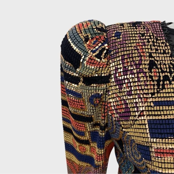 Vintage Multicolor Metallic Painted Bombshell Mesh Front Midi Dress Size Small - Picture 4 of 16